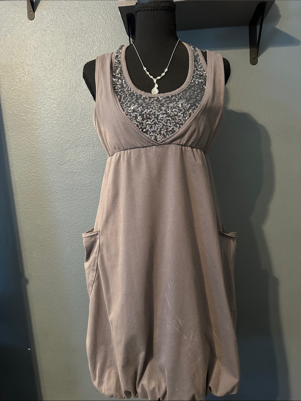 American Rag Gray Sleeveless Midi Dress with Sequined Yoke